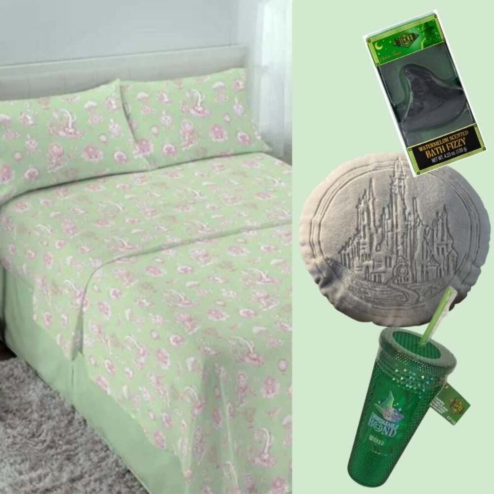 Wicked: For Good Bedding Bundle – New! Rare Faux Fur Pillow, Tumbler & Bath Fizz